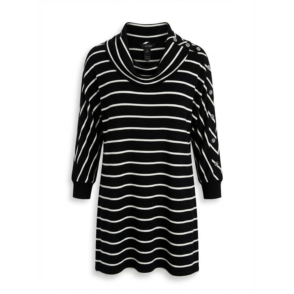 Ali Miles Womens M Striped Cowl Neck Tunic Button Trim Stretch Ribbed Career Top